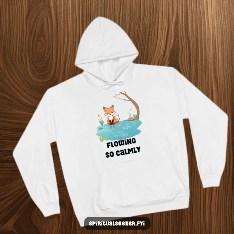 Funny tranquil fox hoodie, sitting by a crystal-clear stream, offering comfort and a connection to nature.