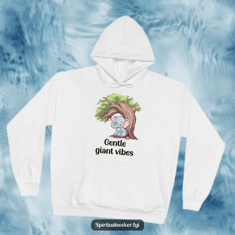 Funny elephant tree hugger hoodie, a peaceful elephant touching an old tree, cozy and comforting for nature enthusiasts.