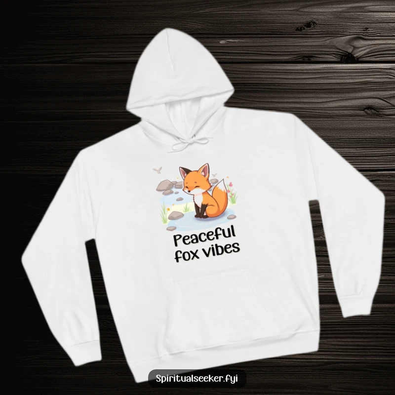 Funny serene fox hoodie, featuring a peaceful fox by a stream, offering warmth and gentle humor.