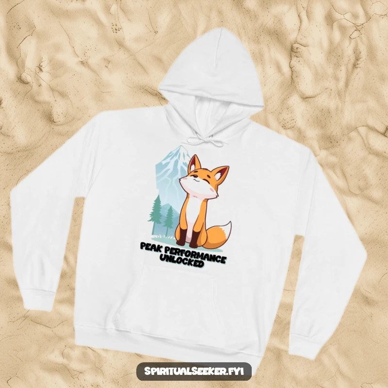 Funny Fox Hoodie: A determined fox stretching arms upwards towards a mountain peak, a humorous and inspiring design.