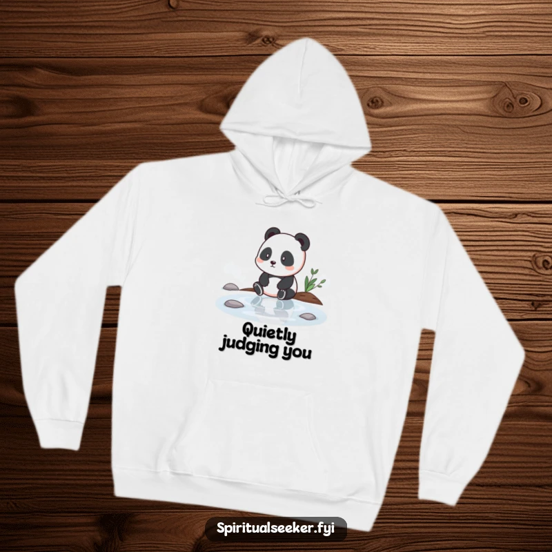 Funny hoodie depicting a contemplative panda sitting by tranquil water, offering warmth and a humorous take on reflection, a great funny gift.