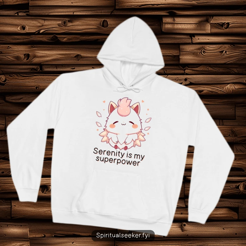 Funny Kawaii creature hoodie design featuring a serene character surrounded by soft, floating feathers, inviting warmth and peace.