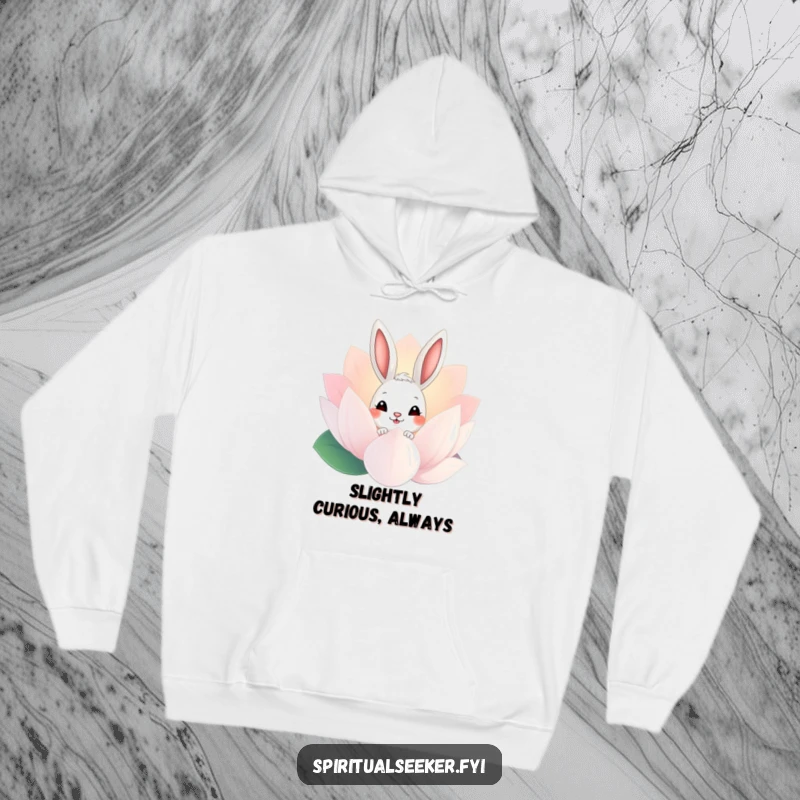Funny Bunny Hoodie: A curious rabbit peeking out from a large lotus flower, a cozy and humorous design.