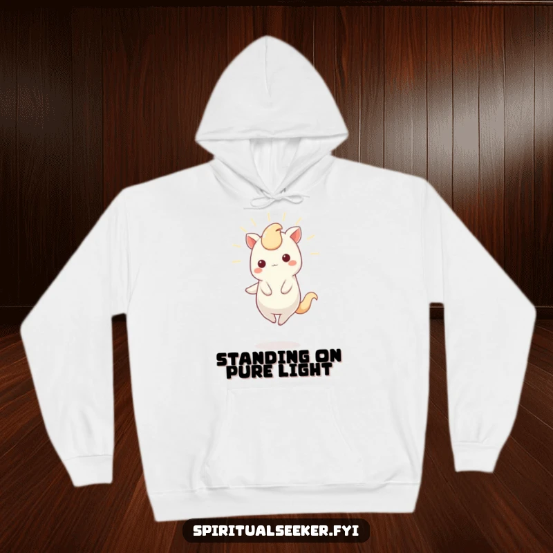 Funny Hoodie featuring a cute Kawaii creature balancing on one toe, radiating a soft, comforting light.