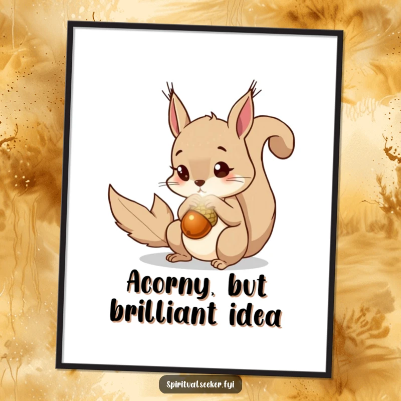 Funny Free Printable Squirrel Wall Art: A curious squirrel gazes at a luminous magical acorn, adding whimsy to your decor.