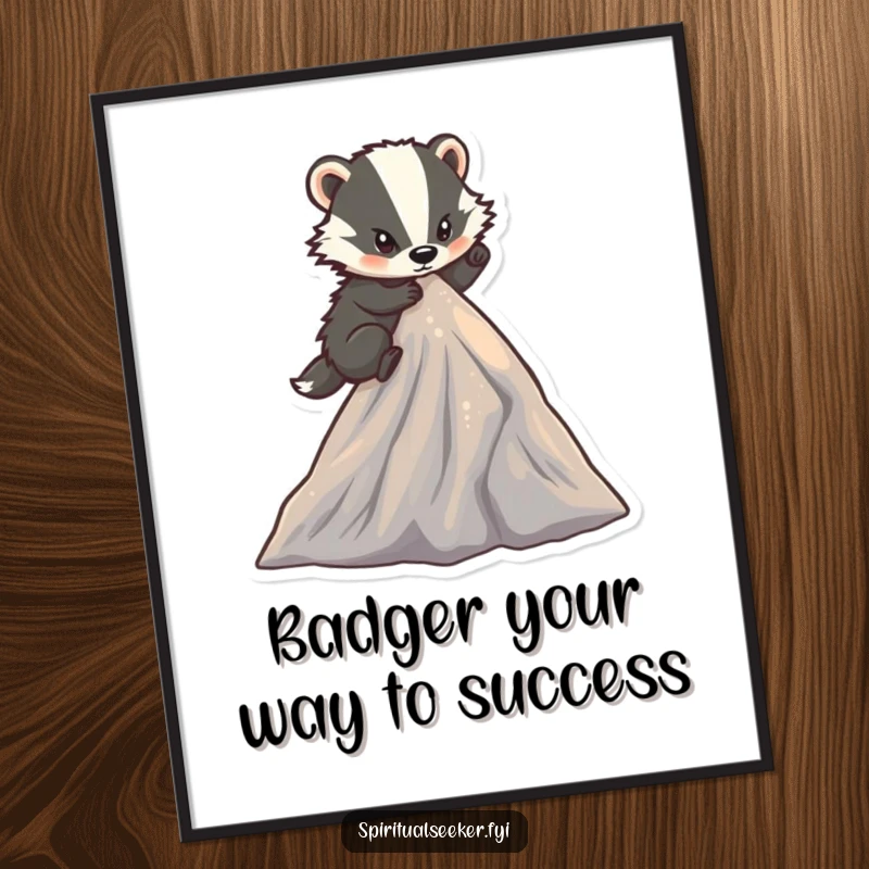 Funny Free Printable Wall Art: A determined badger character climbs a small, sparkling mountain peak, radiating humorous grit.
