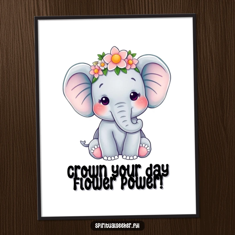 Funny Free Printable Elephant Flower Crown Wall Art, a majestic elephant adorned with a delicate flower crown, radiating tranquility.