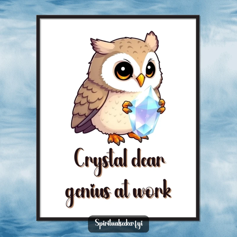 Funny Free Printable Wall Art: Curious owl examining a shimmering crystal, radiating an aura of mystery and intellect.