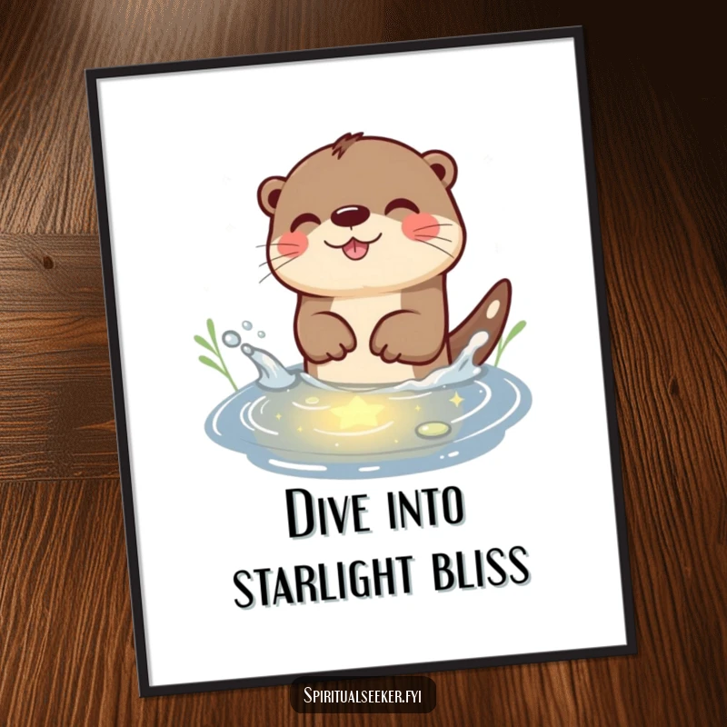 Funny Free Printable Otter Wall Art: A playful otter joyfully splashes in a pond reflecting shimmering starlight, perfect for a fun atmosphere.