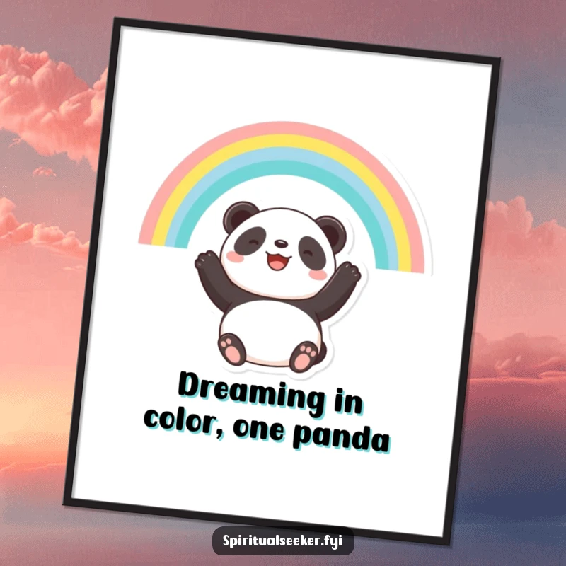 Funny Free Printable Wall Art: Hopeful panda smiles at a stunning rainbow, creating a peaceful and uplifting atmosphere.