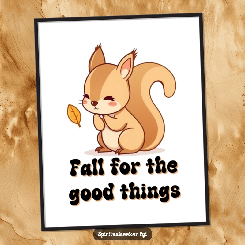 Funny Free Printable Wall Art: A kawaii squirrel contemplating a falling leaf with deep thought, humorous and cute downloadable decor.