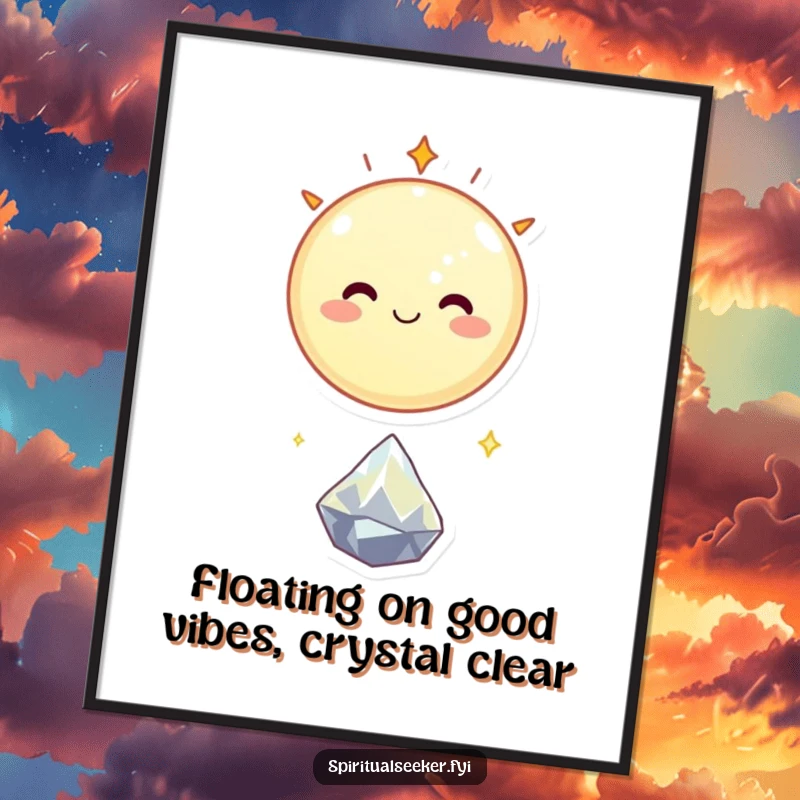 Funny Free Printable Wall Art: A round, smiling celestial body happily floating above a tiny sparkling crystal, cosmic art.