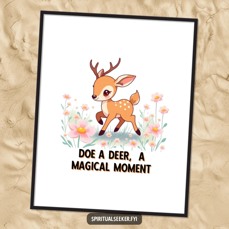 Funny Free Printable Wall Art: A playful deer character prancing elegantly through a field filled with softly glowing, magical flowers.