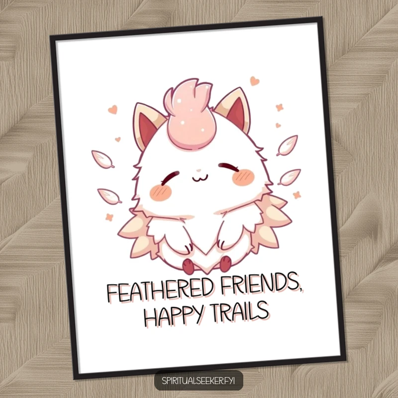 Funny Free Printable Wall Art of a smiling Kawaii creature peacefully floating amidst a gentle shower of soft, ethereal feathers.