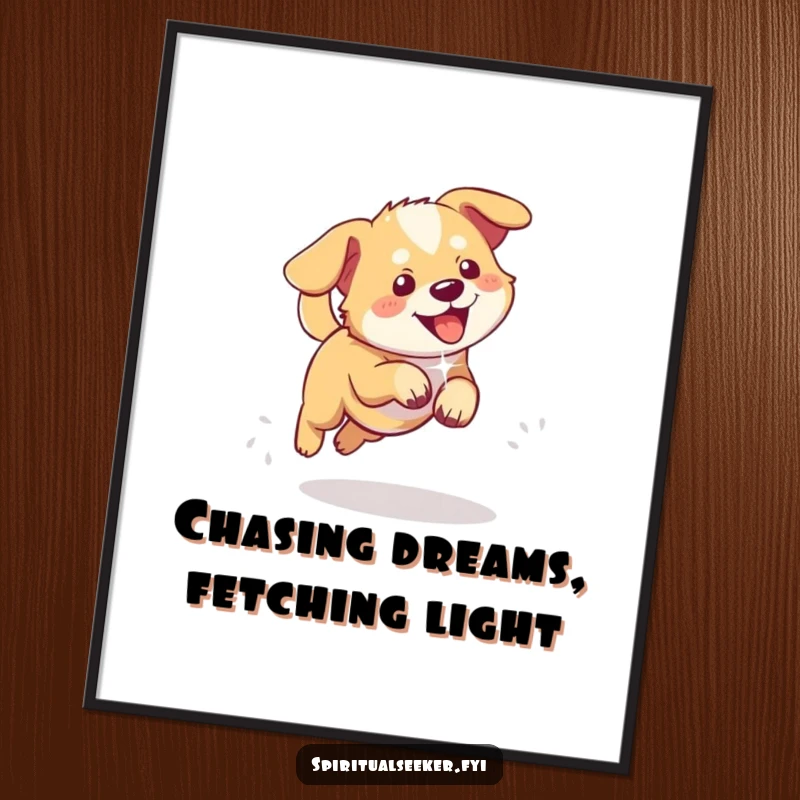 Funny free printable wall art of a happy dog energetically chasing a glowing, ethereal light, capturing pure delight.