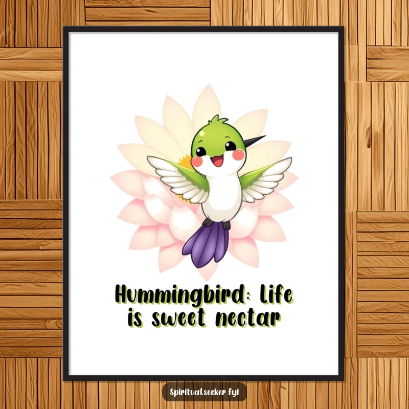 Funny Free Printable Wall Art of a smiling hummingbird hovering near a radiant lotus flower, a beautiful downloadable art piece.