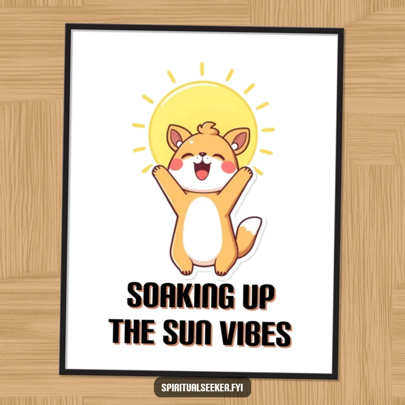 Funny Free Printable Wall Art depicting a happy Kawaii animal stretching towards a glowing sun, symbolizing optimism and joy.