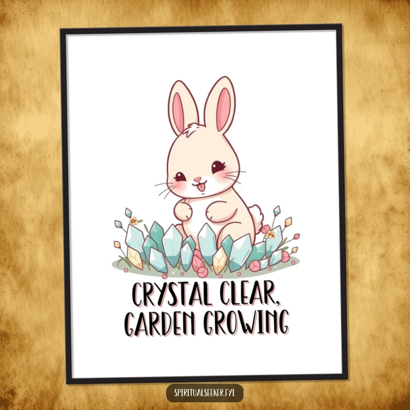 Funny free printable wall art depicting a happy rabbit nurturing a vibrant garden filled with tiny, sparkling crystals.
