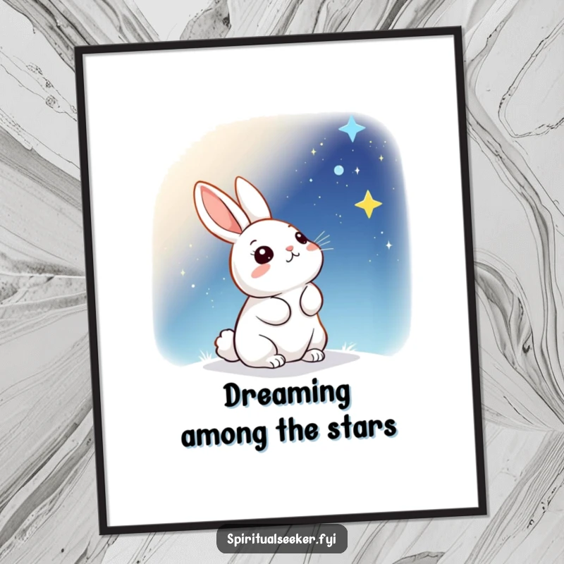 Funny Free Printable Wall Art: A kawaii rabbit looks up with wonder at a vast, sparkling starry sky, inspiring dreams.