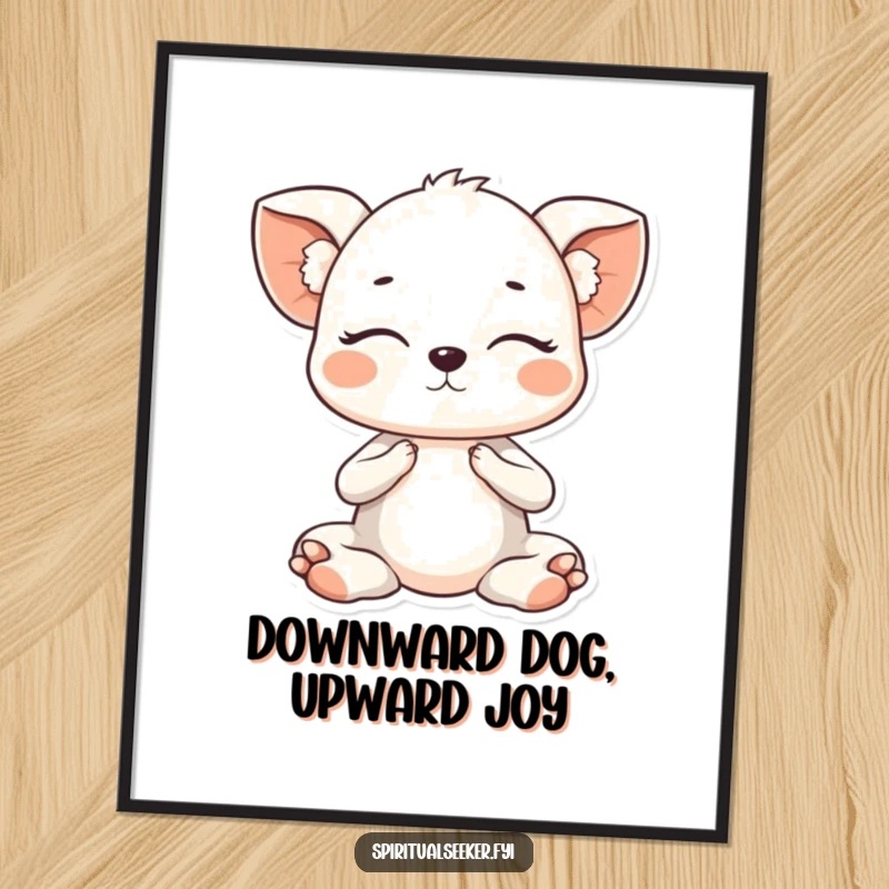 Free Printable Wall Art: Cute Kawaii animal with closed eyes, doing a gentle yoga pose, peaceful home decor.