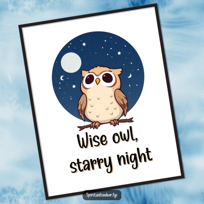 Funny Free Printable Wall Art: A calm owl character gazes at a starry night sky with wonder, adding celestial humor.
