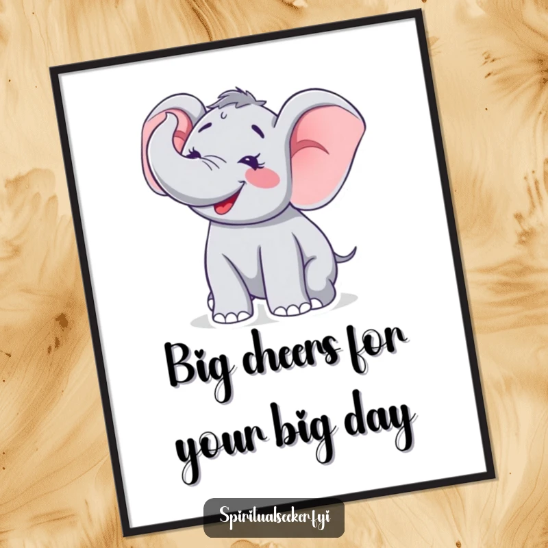 Funny Free Printable Wall Art featuring an ecstatic elephant joyfully trumpeting its trunk high towards the sky, radiating positive vibes.