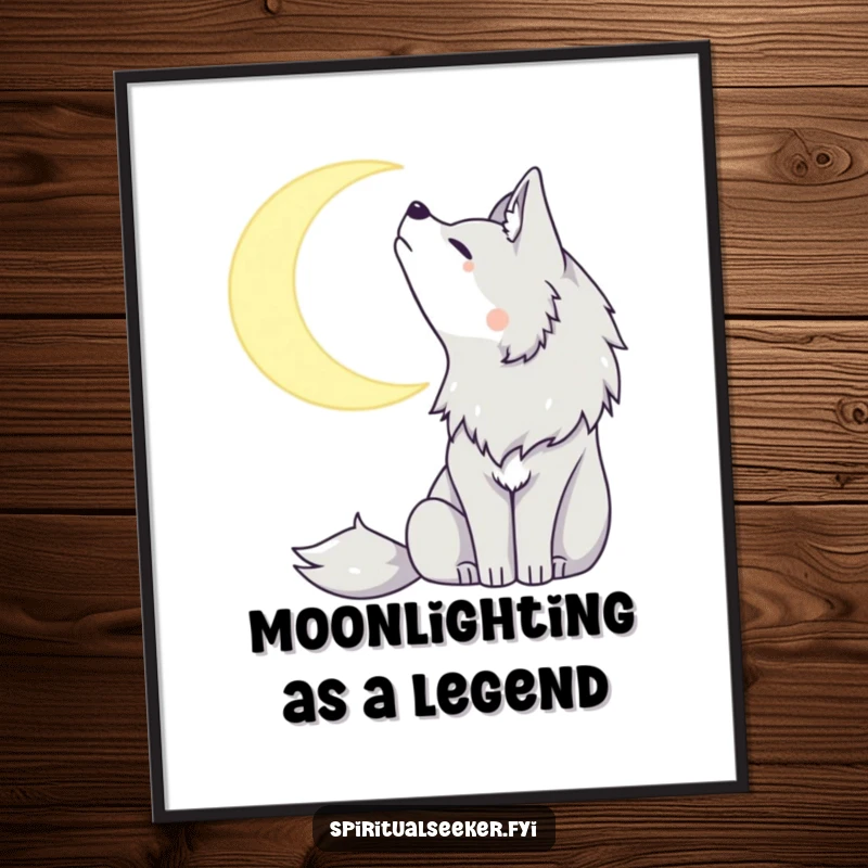 Funny Free Printable Wall Art of a calm wolf howling gently at a shining crescent moon, adding a touch of ethereal beauty.