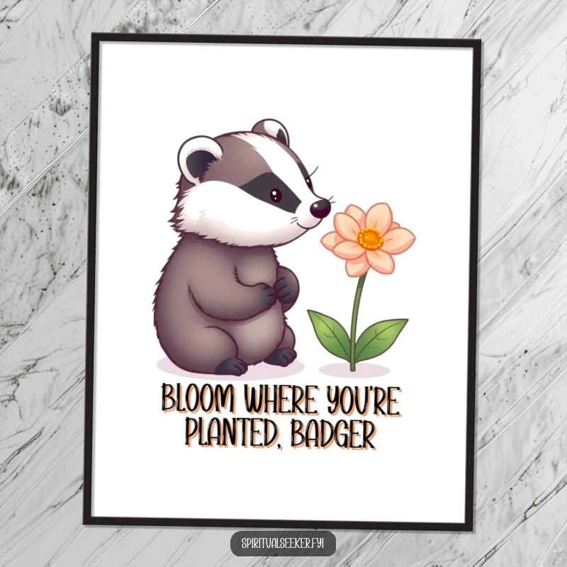 Funny Free Printable Wall Art depicting a wise badger marveling at a surreal, glowing magic flower, bringing enchantment to any room.