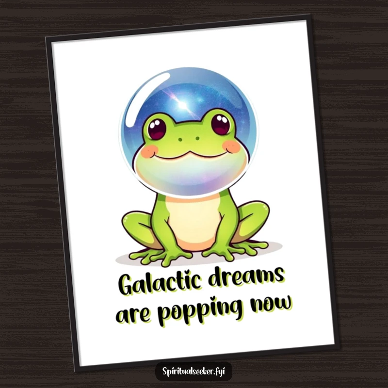 Funny free printable wall art of a happy frog blowing a large bubble that perfectly reflects a miniature galaxy.