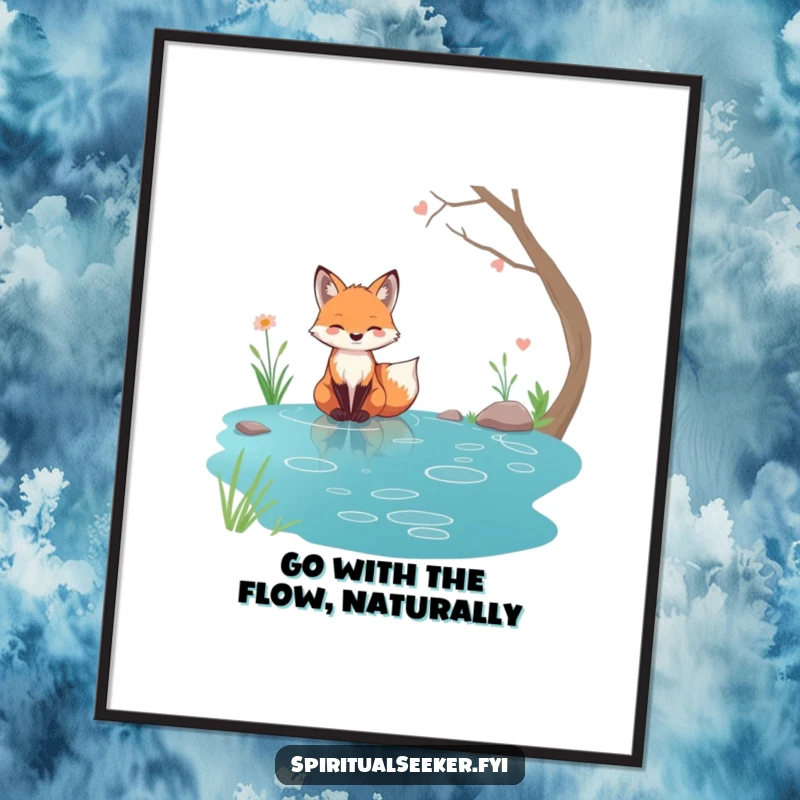 Free Printable Fox Wall Art: A tranquil fox with a serene expression sitting peacefully by a crystal-clear stream.