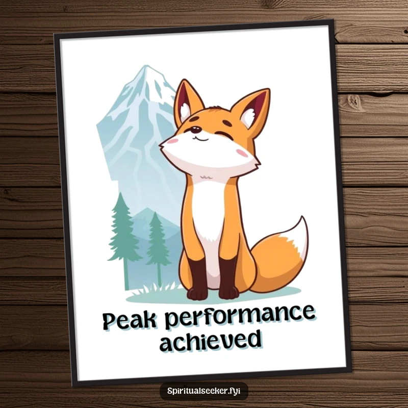 Funny Free Printable Fox Wall Art: A determined fox stretches its arms up towards a distant mountain peak, evoking ambition and humor.