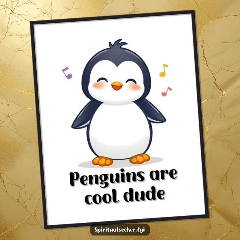 Funny Free Printable Wall Art: A happy penguin with headphones, soaking in peaceful nature sounds, radiating calm.
