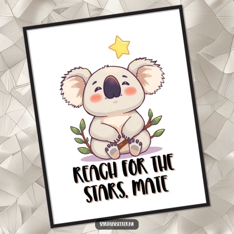 Free Printable Wall Art: A contented koala gazes peacefully upwards at a gentle, shining star, embodying calm and wonder.