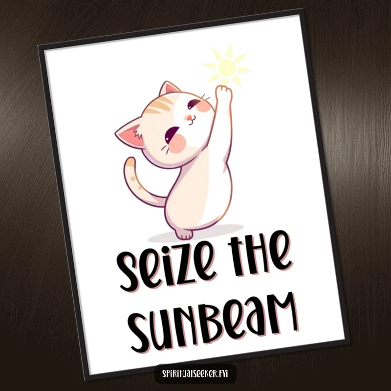 Funny Free Printable Wall Art: A serene cat character stretching gracefully and elegantly towards a warm, inviting beam of sunlight.