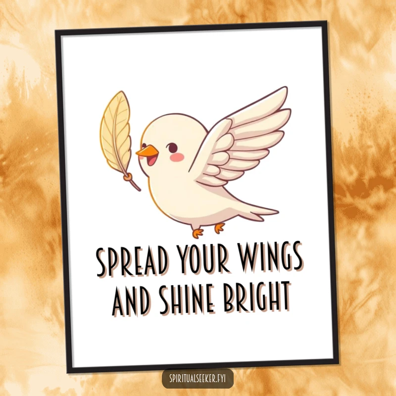 Free Printable Wall Art: A joyful bird soars through the sky, holding a shimmering feather, embodying freedom and playful spirit.