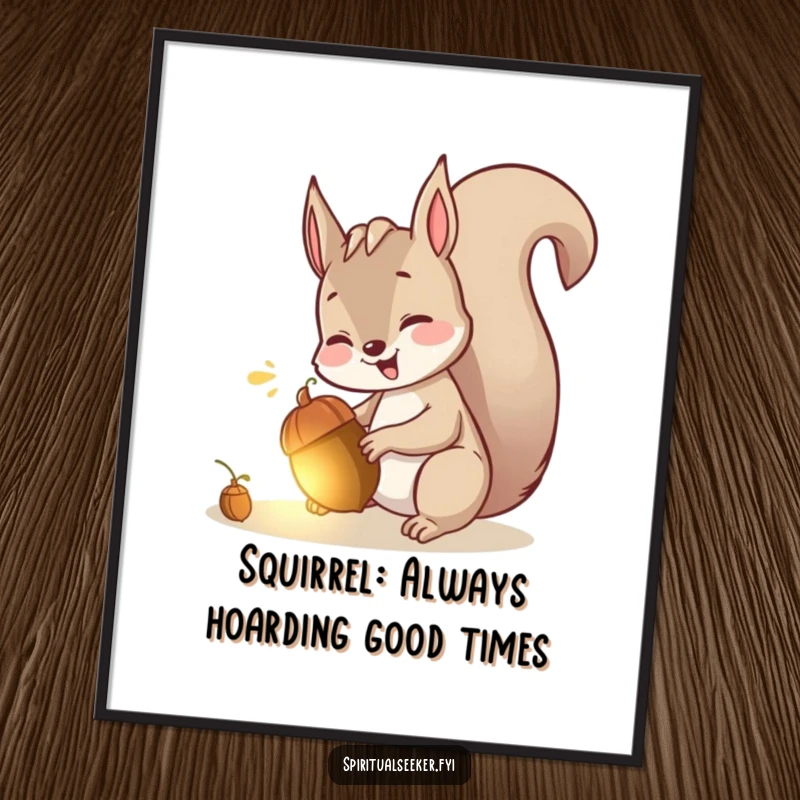 Funny Free Printable Wall Art of a giggling squirrel finding a hidden, glowing acorn, a playful downloadable art piece.