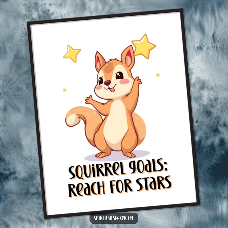 Funny free printable wall art of a playful squirrel stretching towards a bright, shimmering star. Whimsical and inspiring decor.