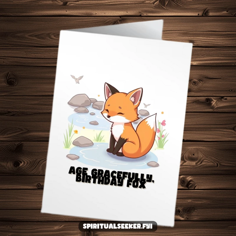 Funny Free Printable Fox Birthday Card: A serene fox sits peacefully by a stream, conveying calm birthday wishes.