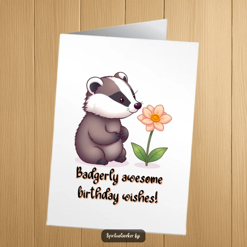 Funny Free Printable Birthday Card featuring a thoughtful badger mesmerized by a glowing, magical flower, ready for a unique celebration.