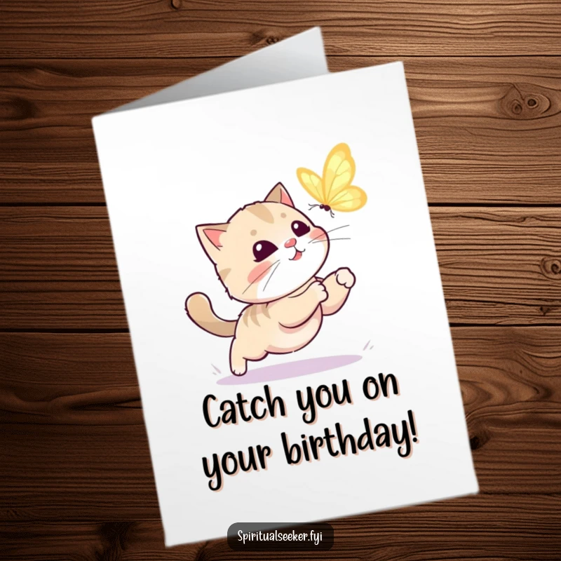 Funny Free Printable Birthday Card: Kawaii cat joyfully chases a glowing butterfly, ready to pounce. A whimsical downloadable greeting.