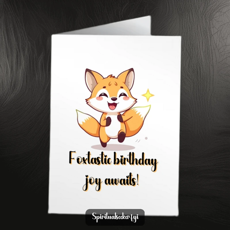 Funny free printable birthday card featuring a grinning fox joyfully pursuing a glowing spiritual symbol, a delightful DIY gift.