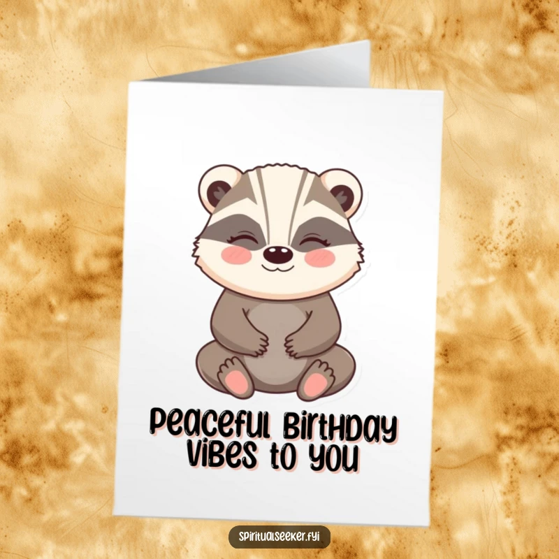 Funny Free Printable Badger Birthday Card: A happy badger meditates peacefully with a gentle smile, wishing a serene birthday.