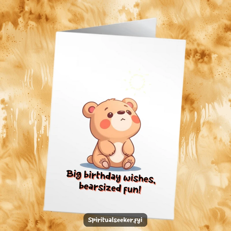 Free Printable Bear Birthday Card: Curious bear cub gazing upwards at a mysterious shimmering, ethereal light source.