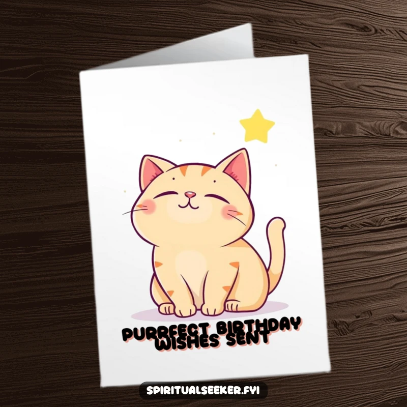 Funny Free Printable Birthday Card: Contented cat gazing dreamily at a twinkling star, with a serene smile.