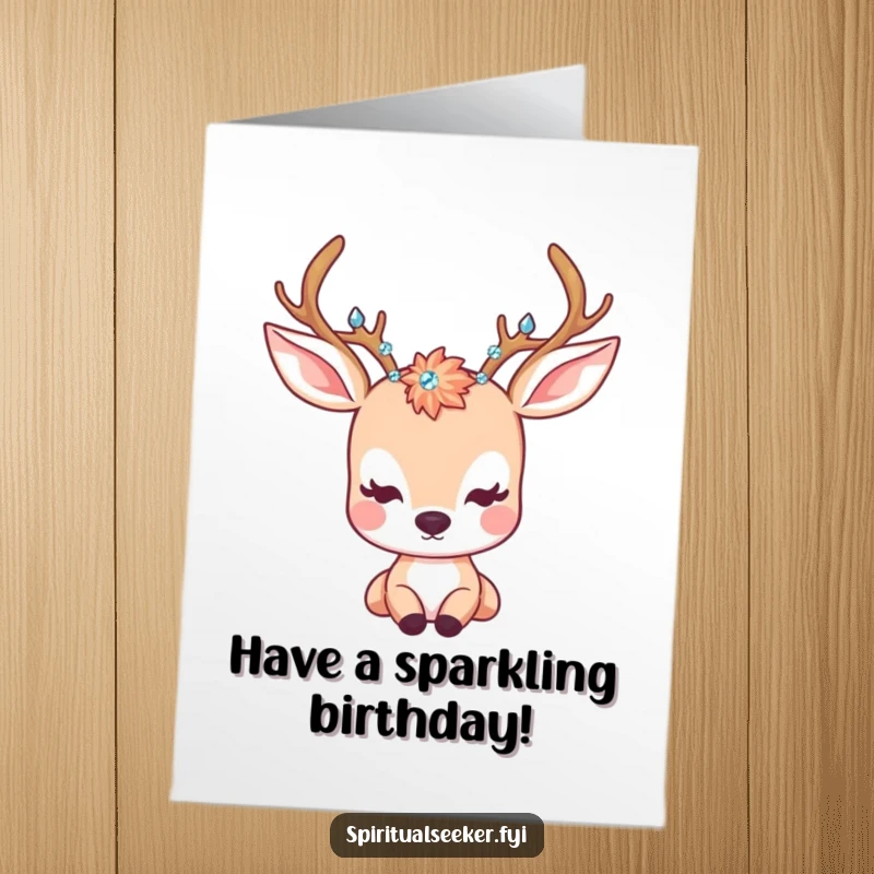 Funny Free Printable Birthday Card: A kawaii deer with crystal-adorned antlers gazes peacefully, sending gentle birthday wishes.