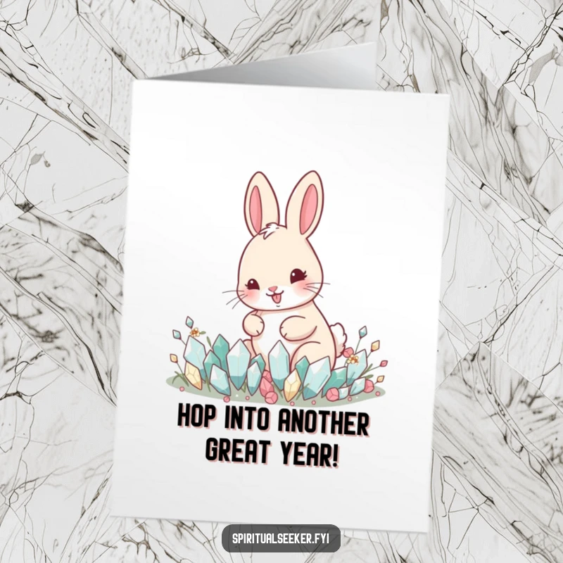 Funny free printable birthday card featuring a happy rabbit tending a whimsical garden filled with tiny, sparkling crystals.