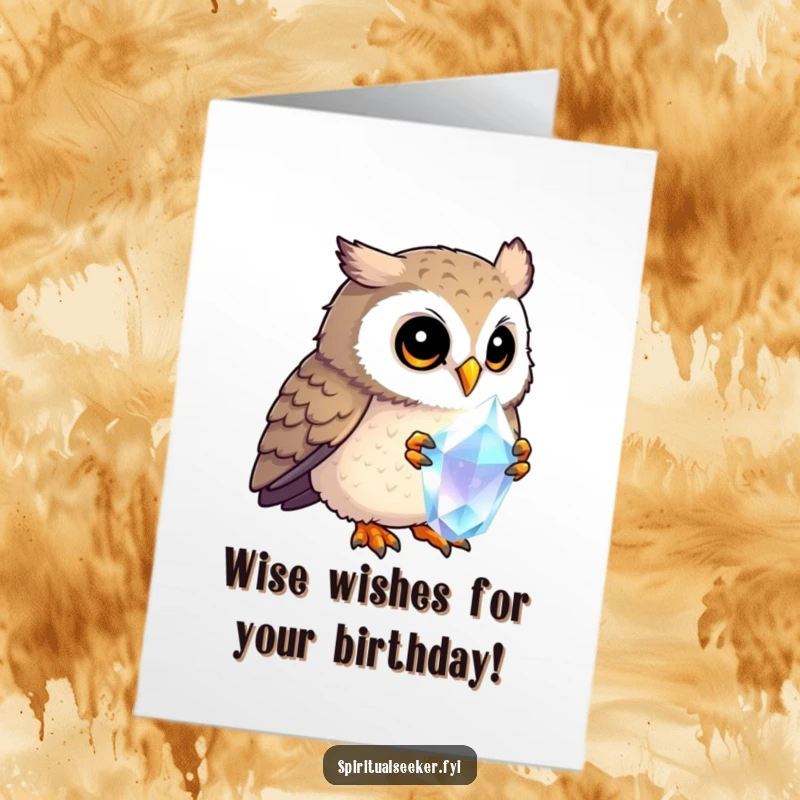 Funny Free Printable Birthday Card: Curious owl intently examining a shimmering crystal, with wonder in its eyes.