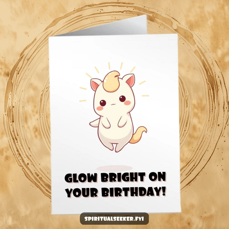 Funny Free Printable Birthday Card showing a graceful Kawaii creature balanced on one toe, emitting a soft, gentle light.