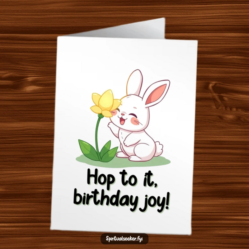 Funny Free Printable Birthday Card: Joyful rabbit happily sniffing a glowing flower, celebrating a special occasion.