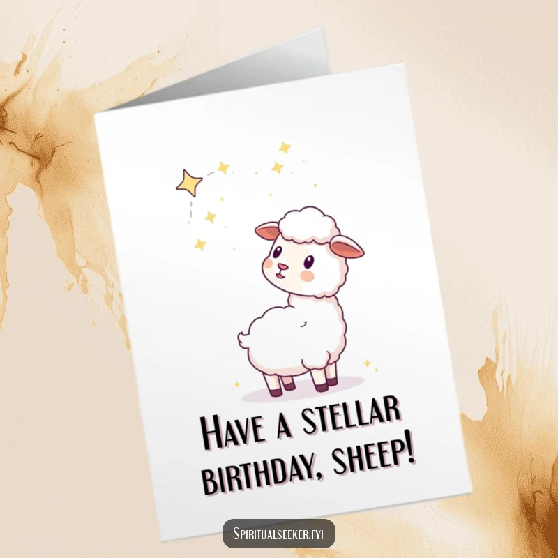 Free Printable Birthday Card: A kawaii sheep peacefully gazes at a sparkling celestial constellation, wishing happy returns.